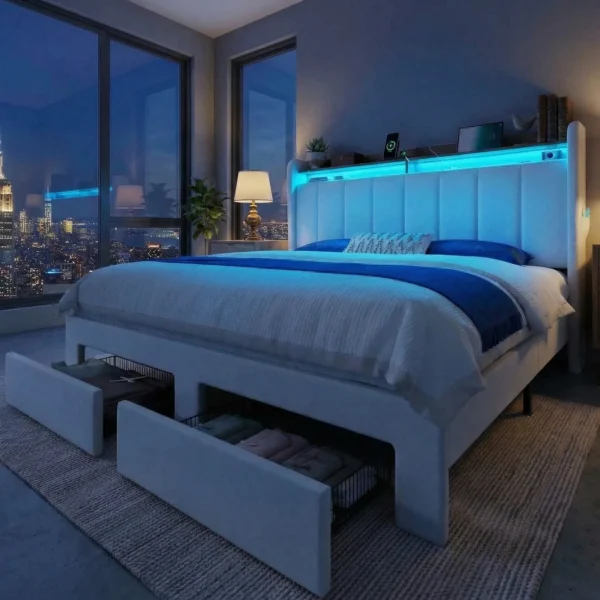 Bed Frame, 2 Storage Drawers/2-Tier Shelves