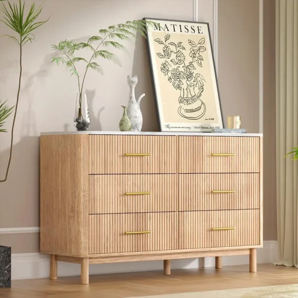 6-Drawer Fluted Dresser Natural Oak Faux Marble Top