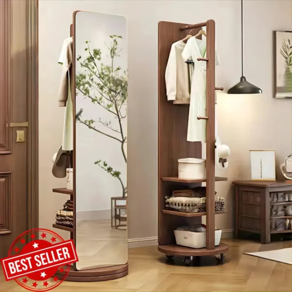 Rotating Mirror with Coat Rack Hooks and Shelves