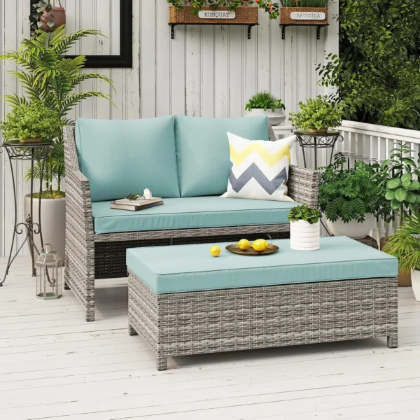 2-Piece Outdoor Wicker Love-seat and Coffee Table Set